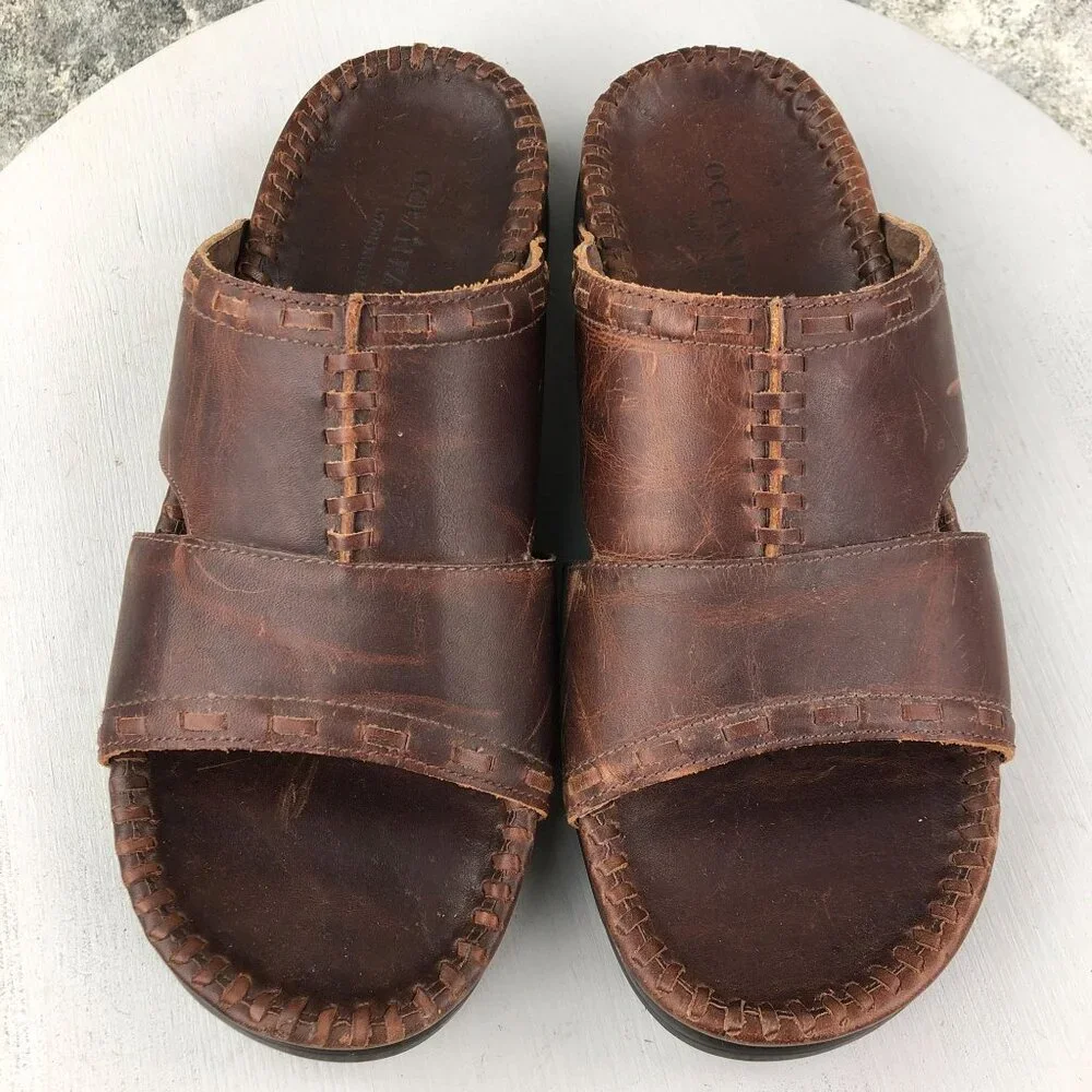 Ocean Pacific Men's Size 9 Karma Brown Leather Open Toe Slip On Sandals BRAZIL